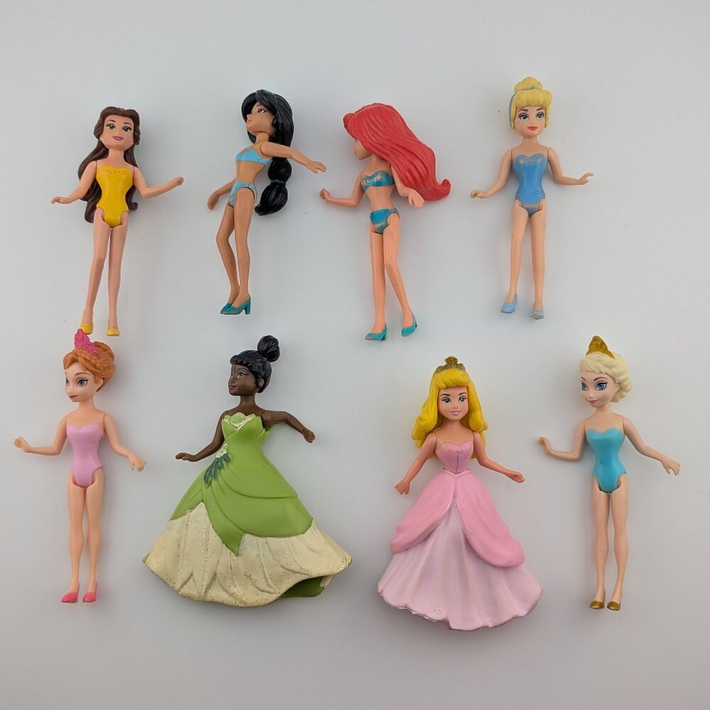 Set of 8 Disney Princess Mini Dolls – Mixed Lot with Dresses & Bodysuits